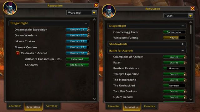 On the left is Warband reputation, on the right is personal reputation