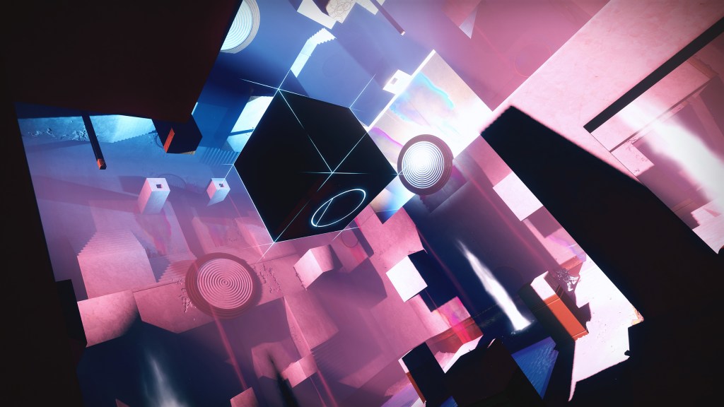 A pink and blue neon-lit room with floating cubes and strange devices
