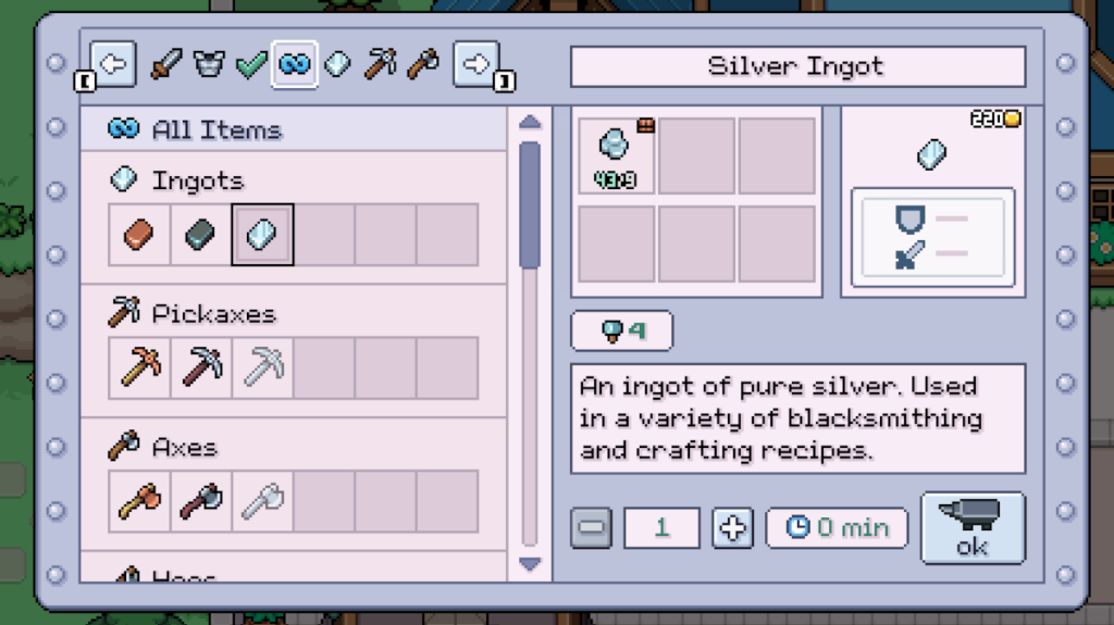 Crafting using Silver Ore in Fields of Mistria