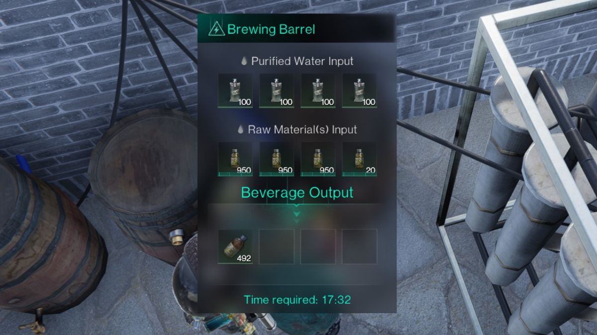 A Brewing Barrel in Once Human, producing Acid from Impure Acid and Purified Water.