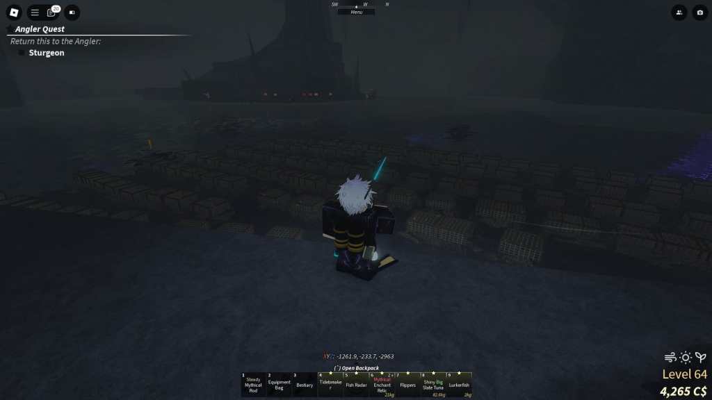 Player placing Crab Cages in the Desolate Pocket in Fisch Roblox