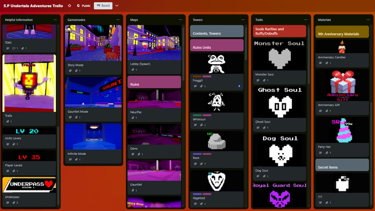 Trello board for the Undertale Adventures Roblox experience