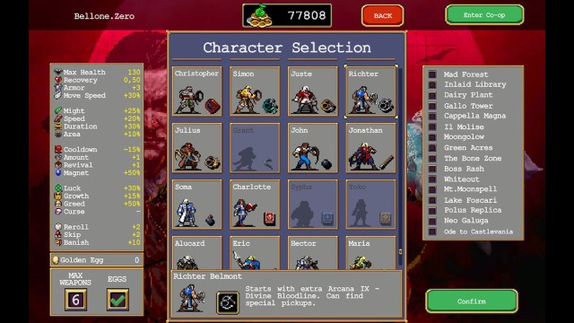 Richter Belmont in Vampire Survivors Ode to Castlevania. 