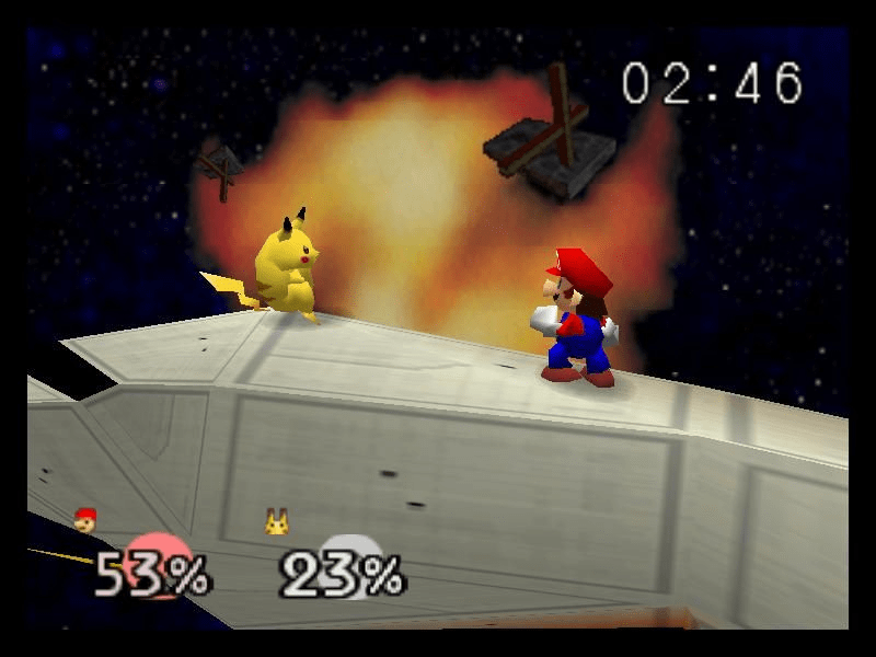 mario and pikachu face off against each other in smash bros n64