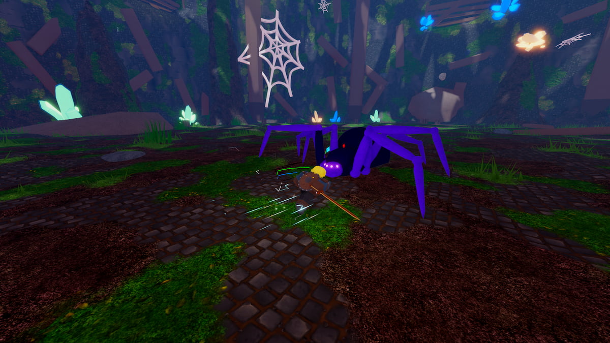 A character is charging at the Broodmother boss fight in Sword Fantasy