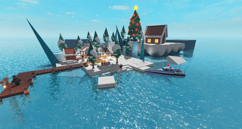 Christmas Village in Go Fishing Roblox with a Roblox player fishing on the pier