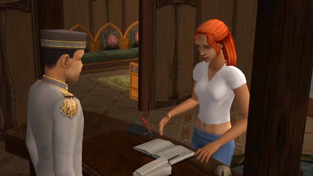 A Sim checking into a hotel