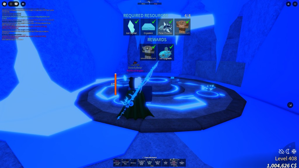 A Fisch player is looking at a pedestal in Challenger's Deep showing all the items needed