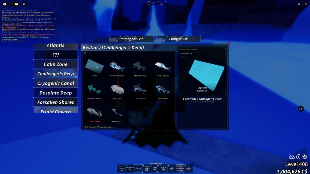 A Challenger's Deep Bestiary in Fisch highlighting the Cryoskin