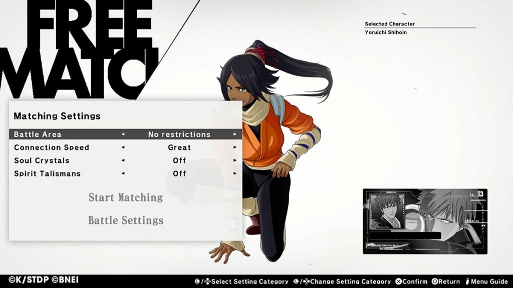 The Free Match screen in Bleach Rebirth of Souls.