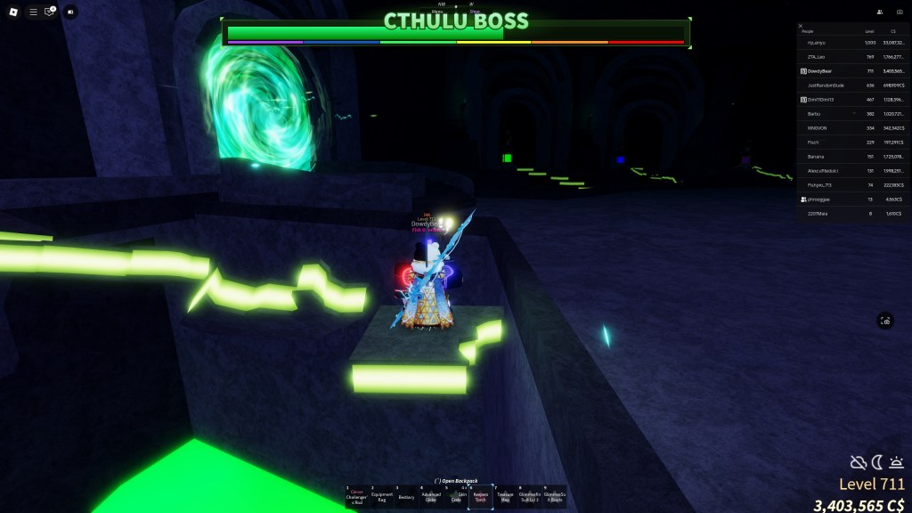 Fisch Cthulu Boss fight obby with a player standing on it