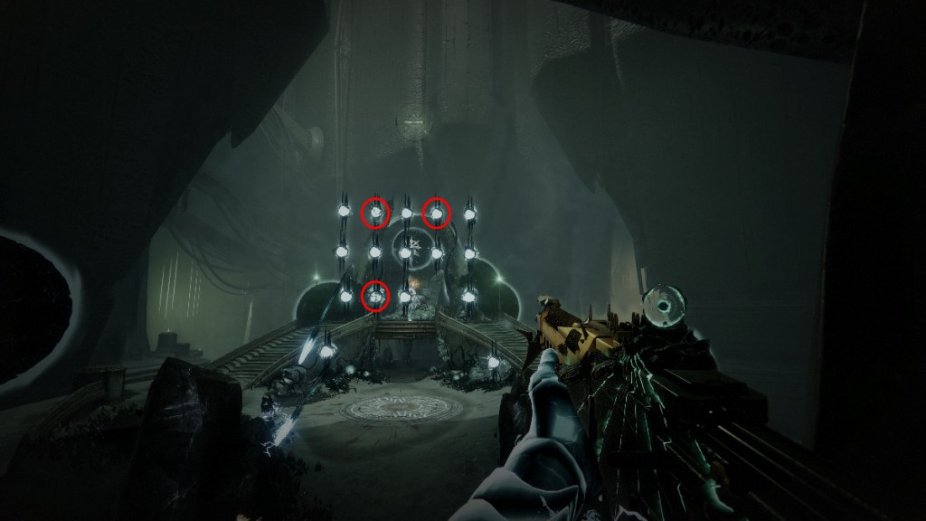 Destiny 2 Binding puzzle 1, showing readers a series of white bulbs on five metal rods sticking out from the ground