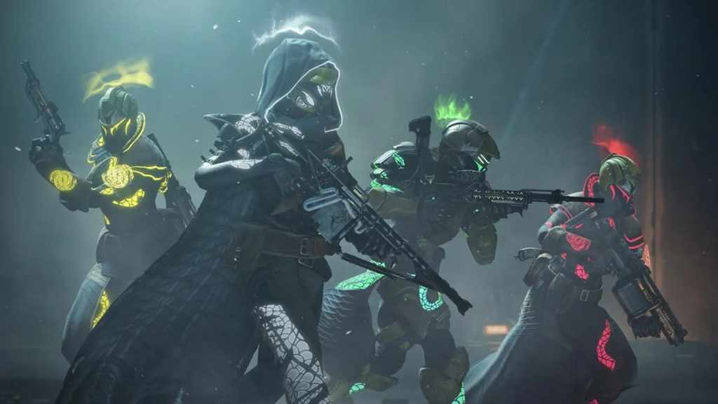 A Bungie press screencap from Destiny 2 showing a fully upgraded team of Gambit Guardians.
