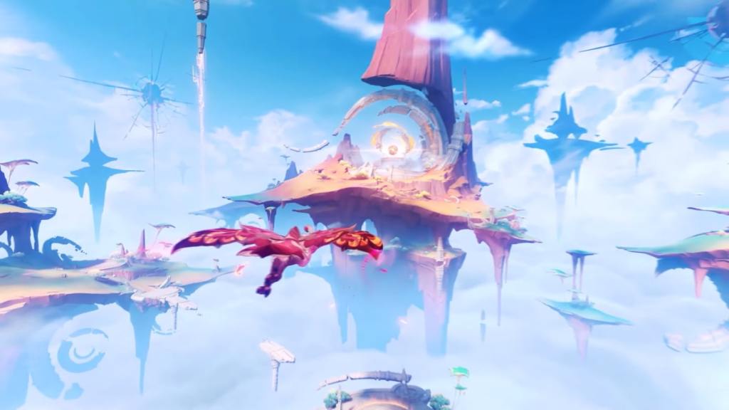 Qucusaur flying toward the Sacred City of Tollan from Genshin Impact