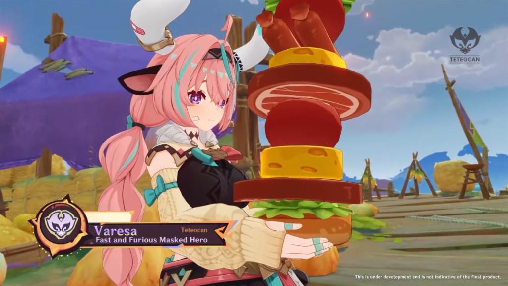 Varesa from Genshin Impact holding a massive burger