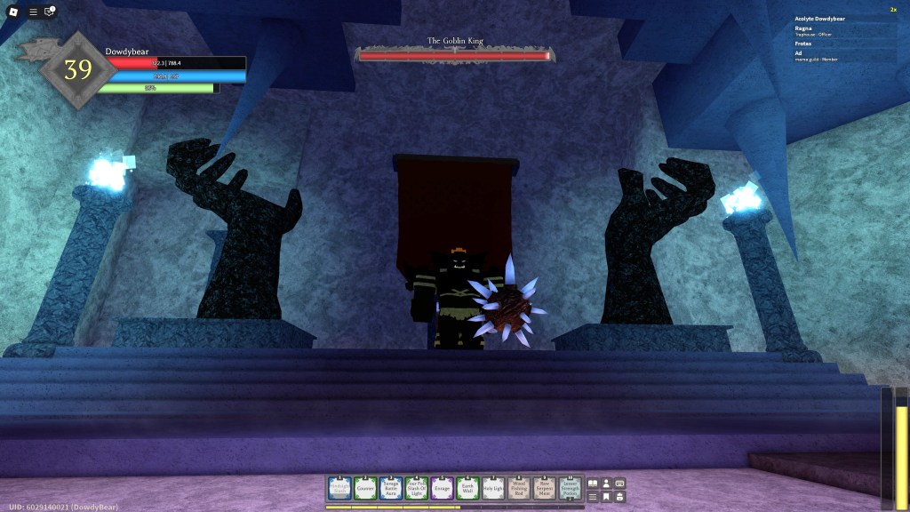 A Rune Slayer player is looking at the Goblin King from a first person point of view