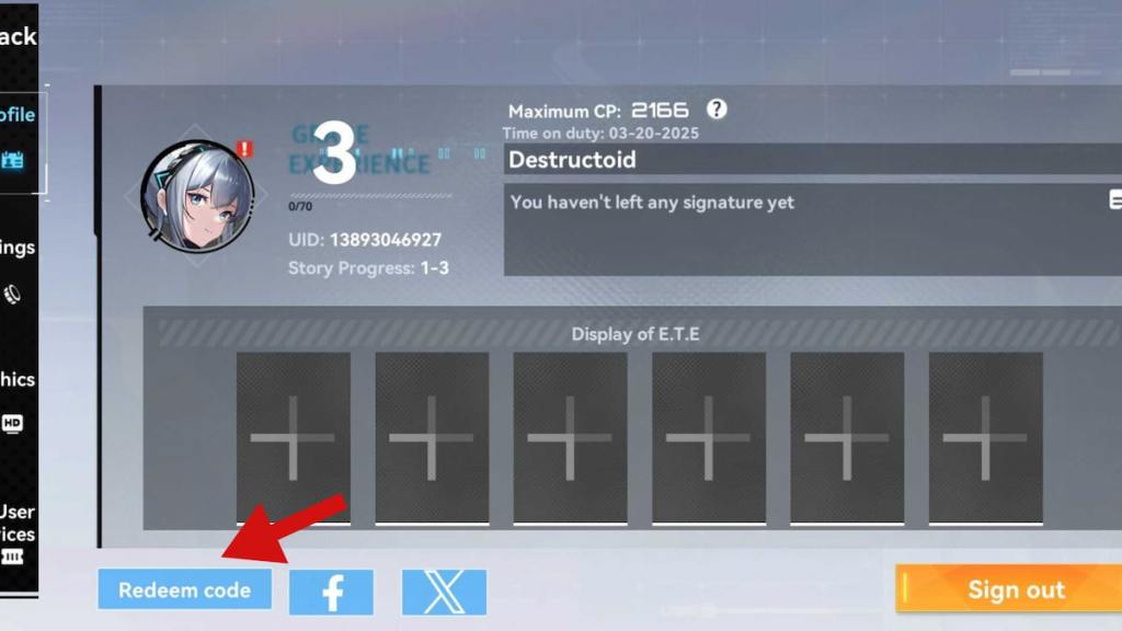 Redemption screen for E.T.E. Chronicle codes