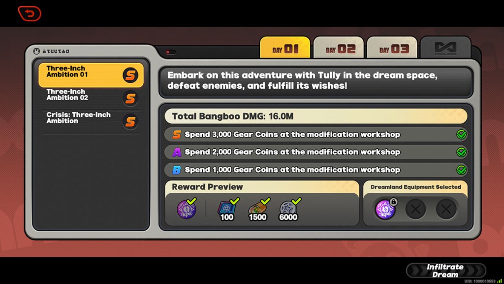 The day one objectives and preparation screen in the March On, Tiny TItan! event screen in in Zenless Zone Zero