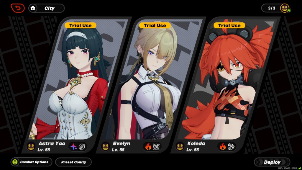 Evelyn, Koleda Belobog, and Astra Yao in a preset team in Zenless Zone Zero