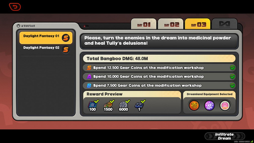 The day three objectives and preparation screen in the March On, Tiny TItan! event screen in in Zenless Zone Zero