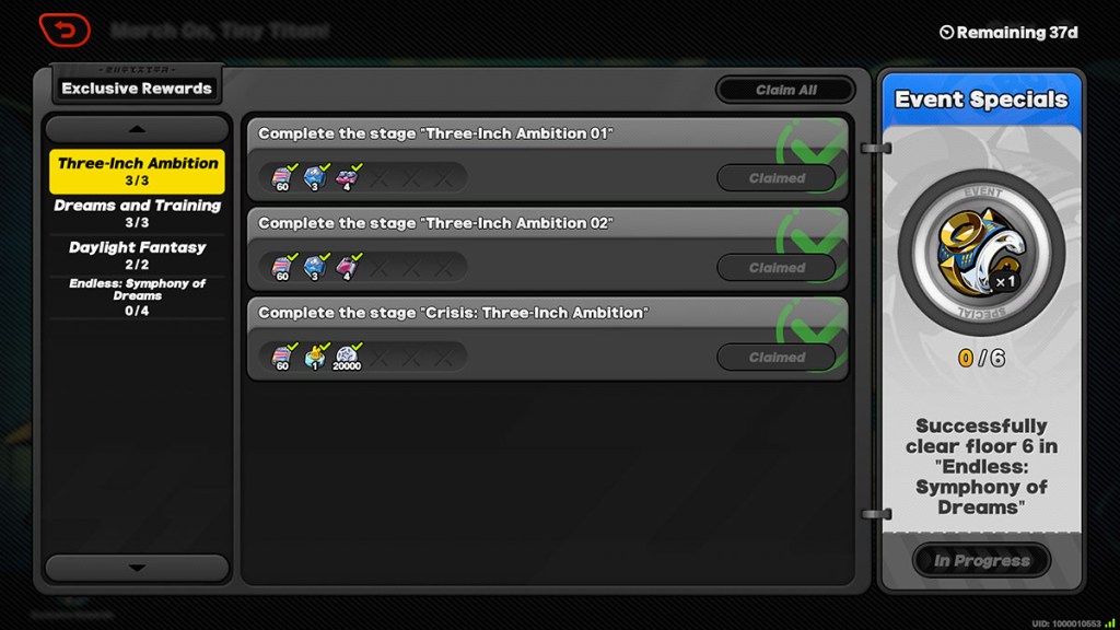 The black and grey reward screen for the March On, Tiny Titan! event in Zenless Zone Zero