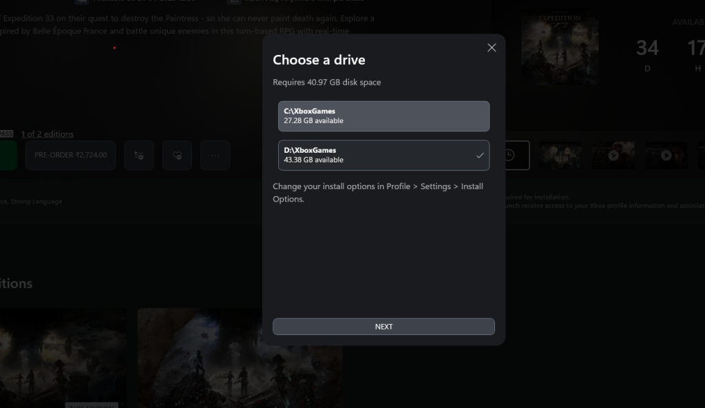 Pre-download options for Expedition 33 using Xbox app on PC