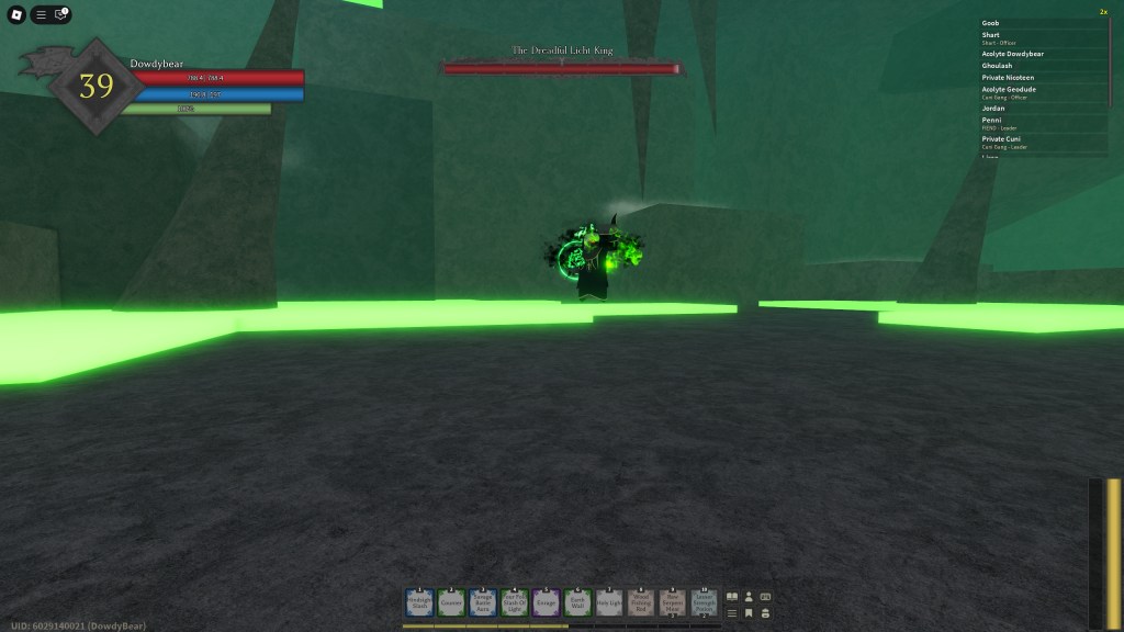 A Rune Slayer player is looking at the Licht King from a first person point of view