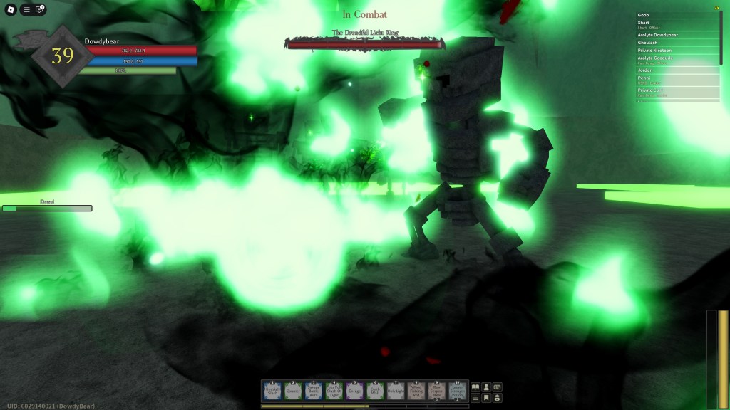 The Lich King is attacking the Rune Slayer player with fireballs when viewed from a first person perspective