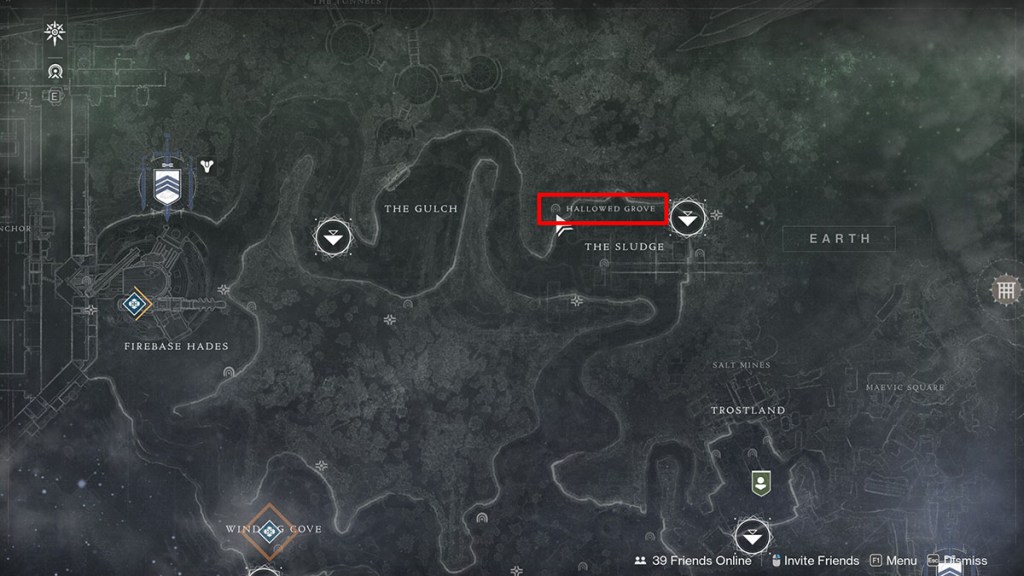 A map of the European Dead Zone in Destiny 2 with the Hallowed Grove Lost Sector circled