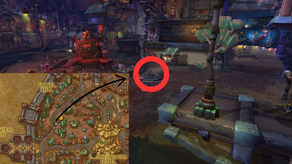 A red circle highlighting the location of the sewer grate entrance.
