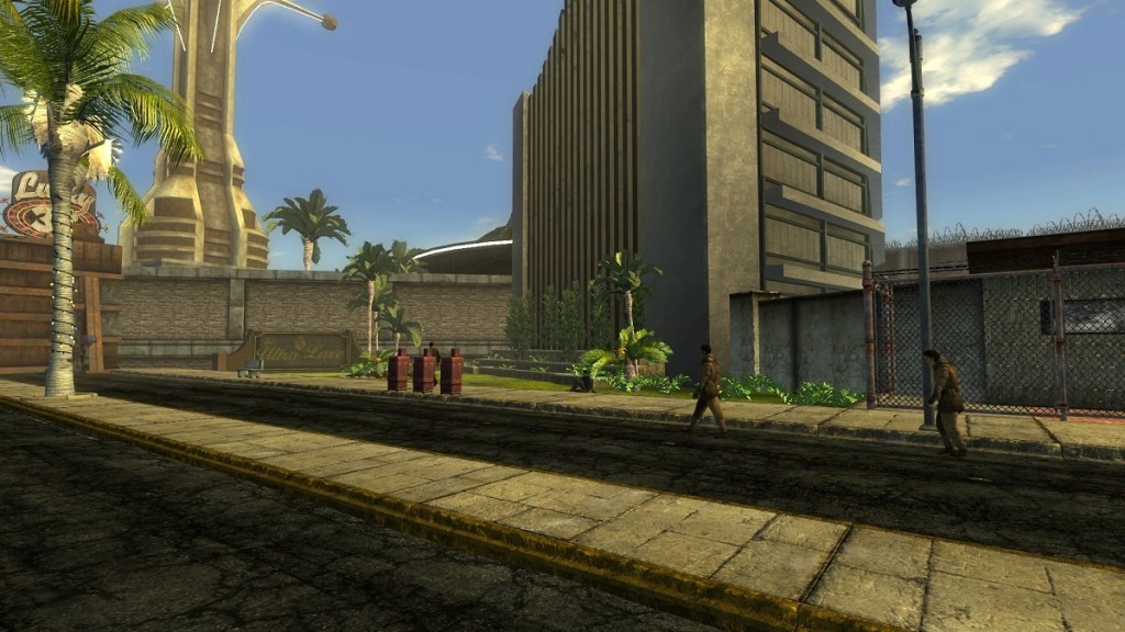 Fallout New Vegas: a drunk NCR member staggers across the Strip.