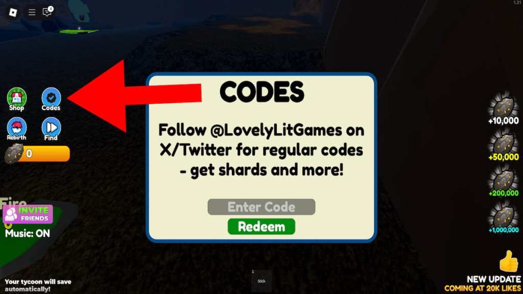 How to redeem codes in Unga Bunga Caveman Tycoon.