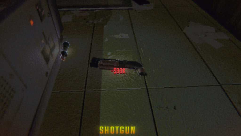 The REPO shotgun price, a red "$98k" next to a long-barreled shotgun on the floor. 