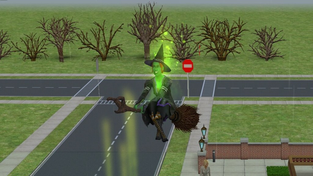 Sims 2 screenshot of a witch Sim flying on a broomstick.