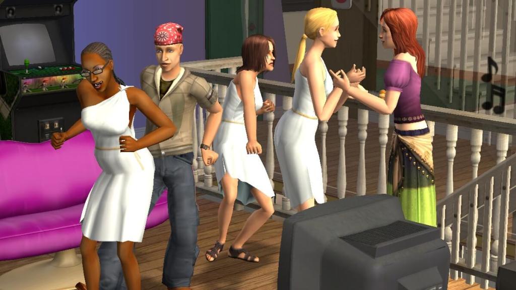 Sims 2 screenshot of Young Adult Sims partying at university.