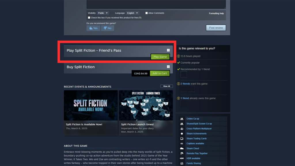 Split Fiction Friend Pass screen
