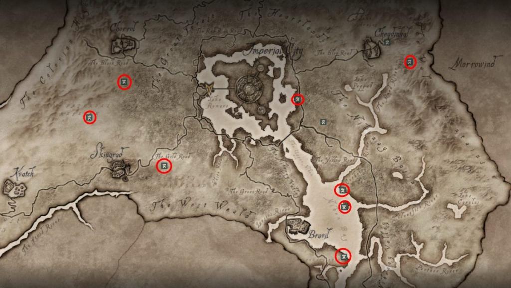 Marked locations of Shadowbanish Wine in Oblivion Remastered.