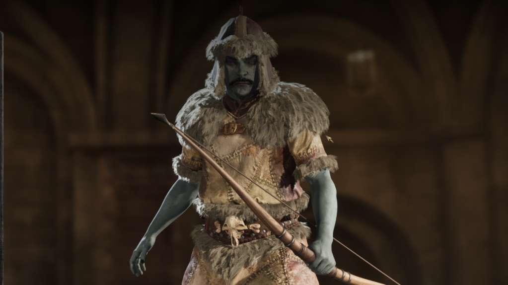 Dark Elf in fur armor and a bow in Oblivion Remastered.