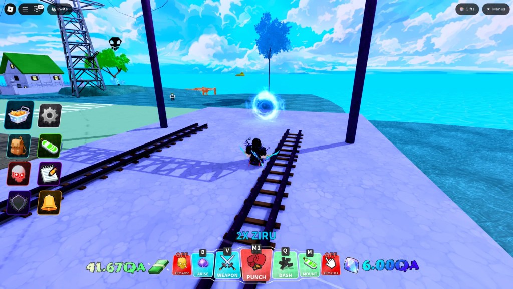 A player standing next to a Dungeon gate in Mori Town in the Arise Crossover Roblox experience