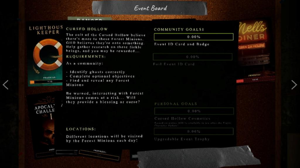 The cursed hollow event board with rewards and tasks listed in phasmophobia