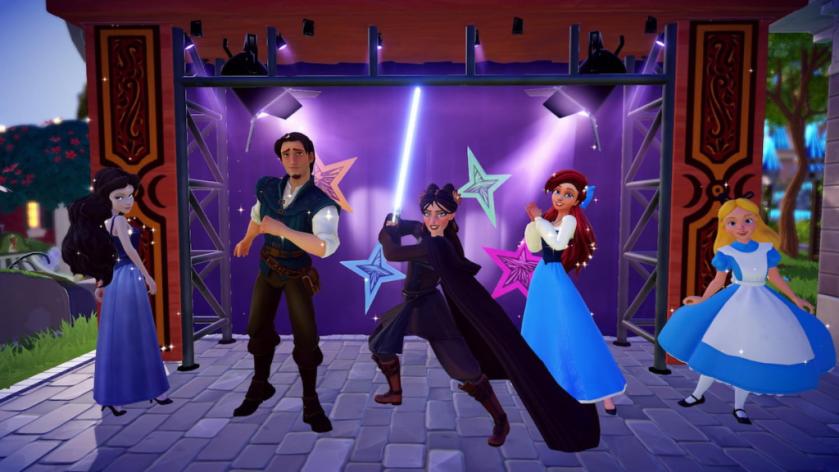 A character wielding a lightsaber posing with Vanessa/Ursula, Flynn, Ariel, and Alice in Disney Dreamlight Valley