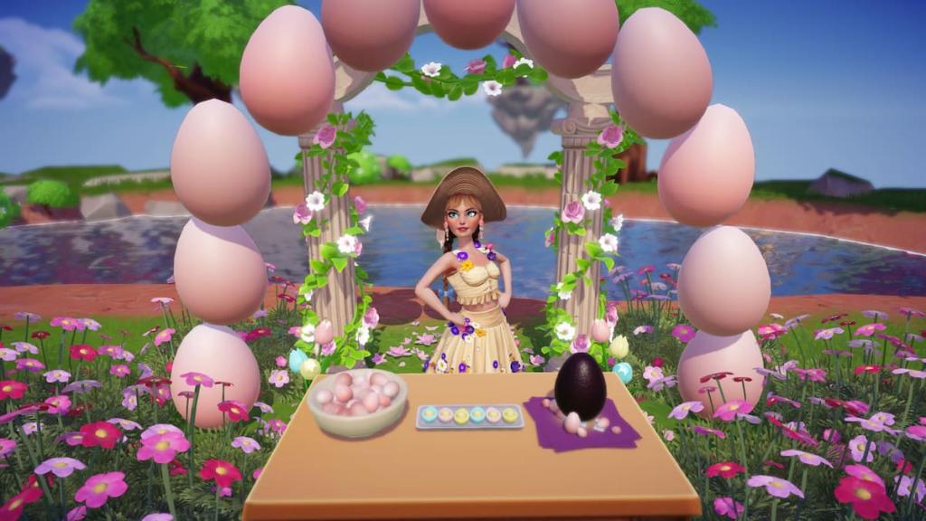 A player wearing a hat and flower dress standing under an egg arch behind some spring dishes in Disney Dreamlight Valley.