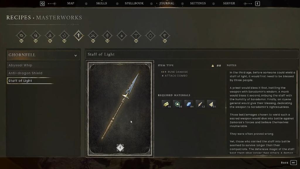 a screenshot of the details of the Staff of Light in RuneScape Dragonwilds