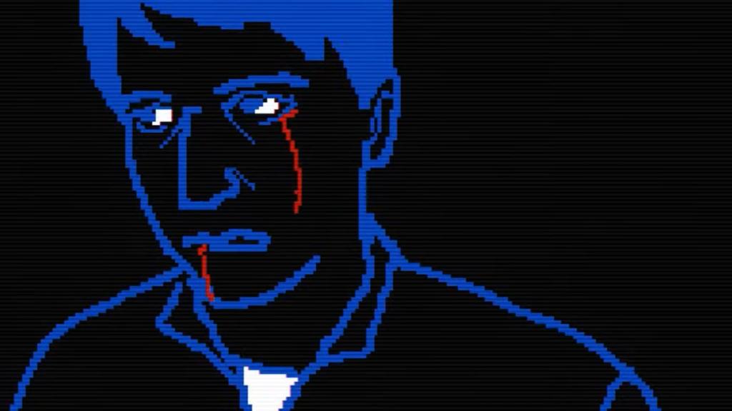 A close-up shot of the priest crying blood