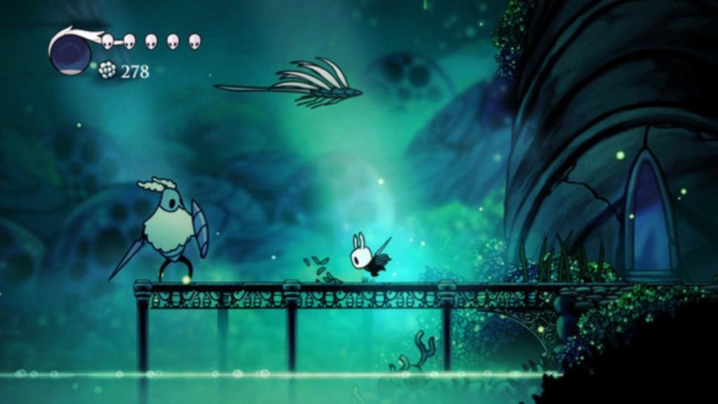 Fighting Moss Knight on a bridge in Hollow Knight