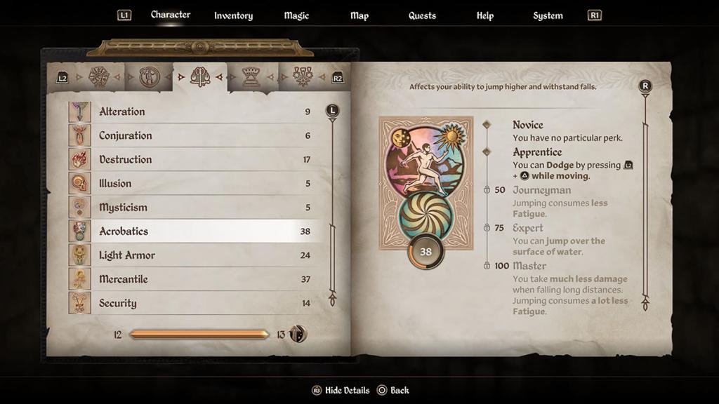 The Acrobatics skill page in Oblivion Remastered.