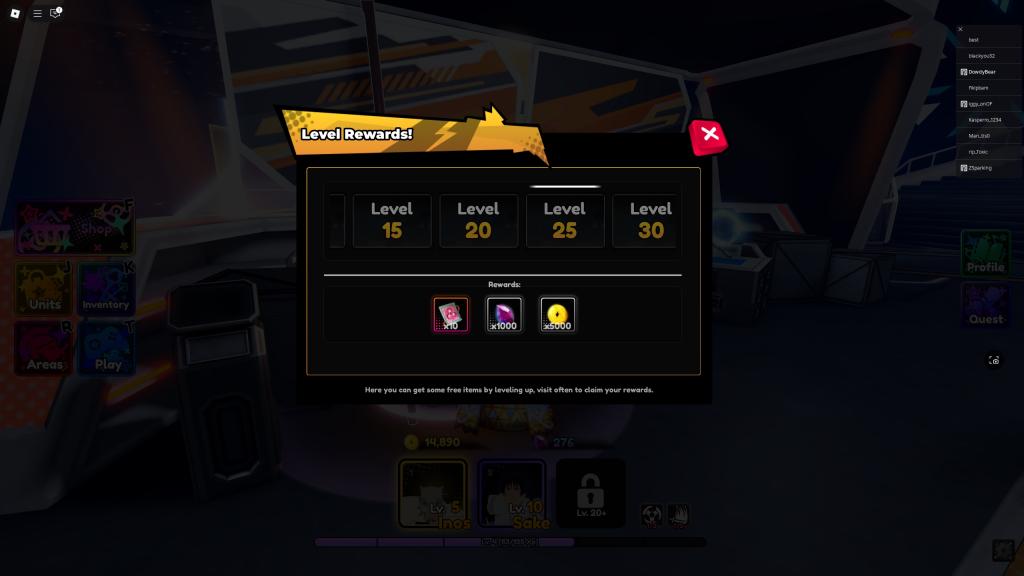 An Anime Saga player is looking at the leveling rewards page