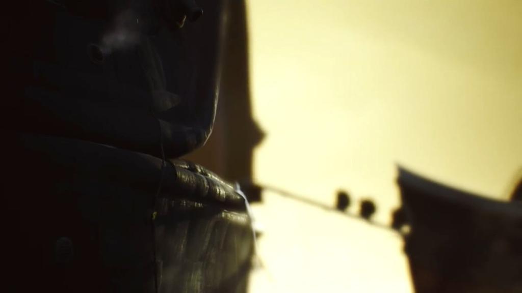 Six climbing a chain to the ship as the Guests board it in the background