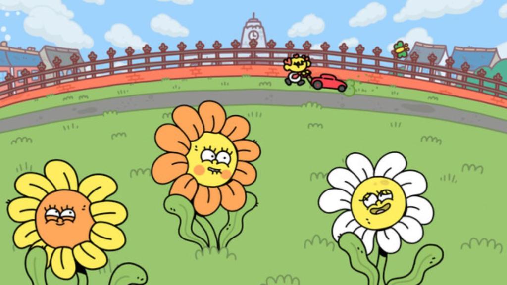 Three flowers with faces on them on a lawn with salesman mowing in the background