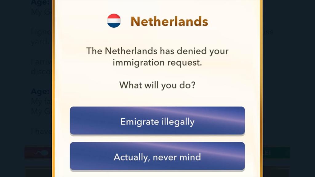 BitLife emigrate request denied message